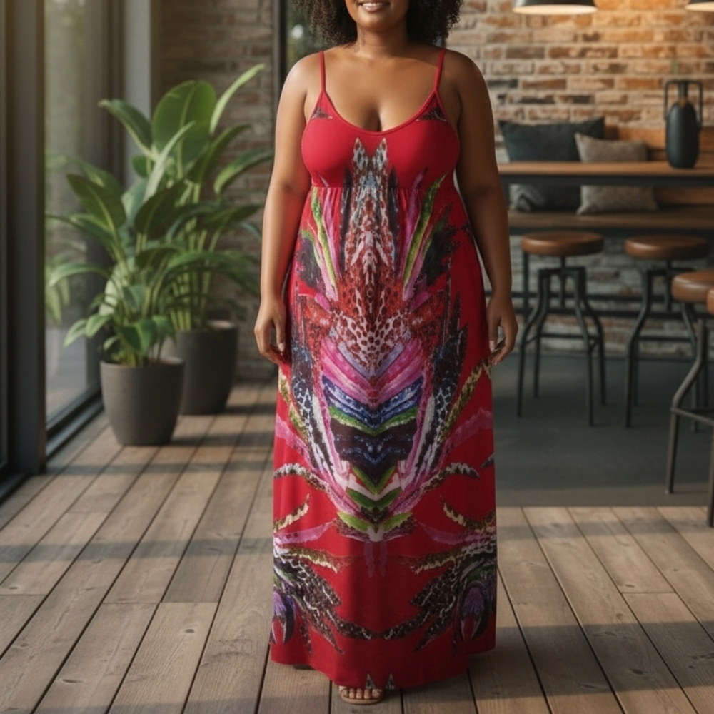 Celestino Red Patterned Flowy Maxi Dress M L